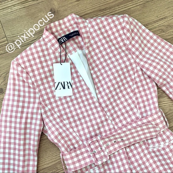 NWT Zara 2 Piece Gingham Belted Blazer + Pants SET - Picture 10 of 12
